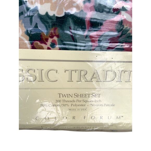 Vintage 80s Hunter Green Pink Cream Rose Floral Twin Sheet Set USA Cottagecore - Picture 4 of 6